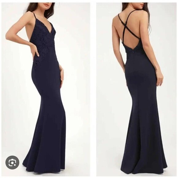 Lulus Size Small Katalina Navy Crochet Lace Detail Maxi Long Dress Wedding New - Picture 1 of 10